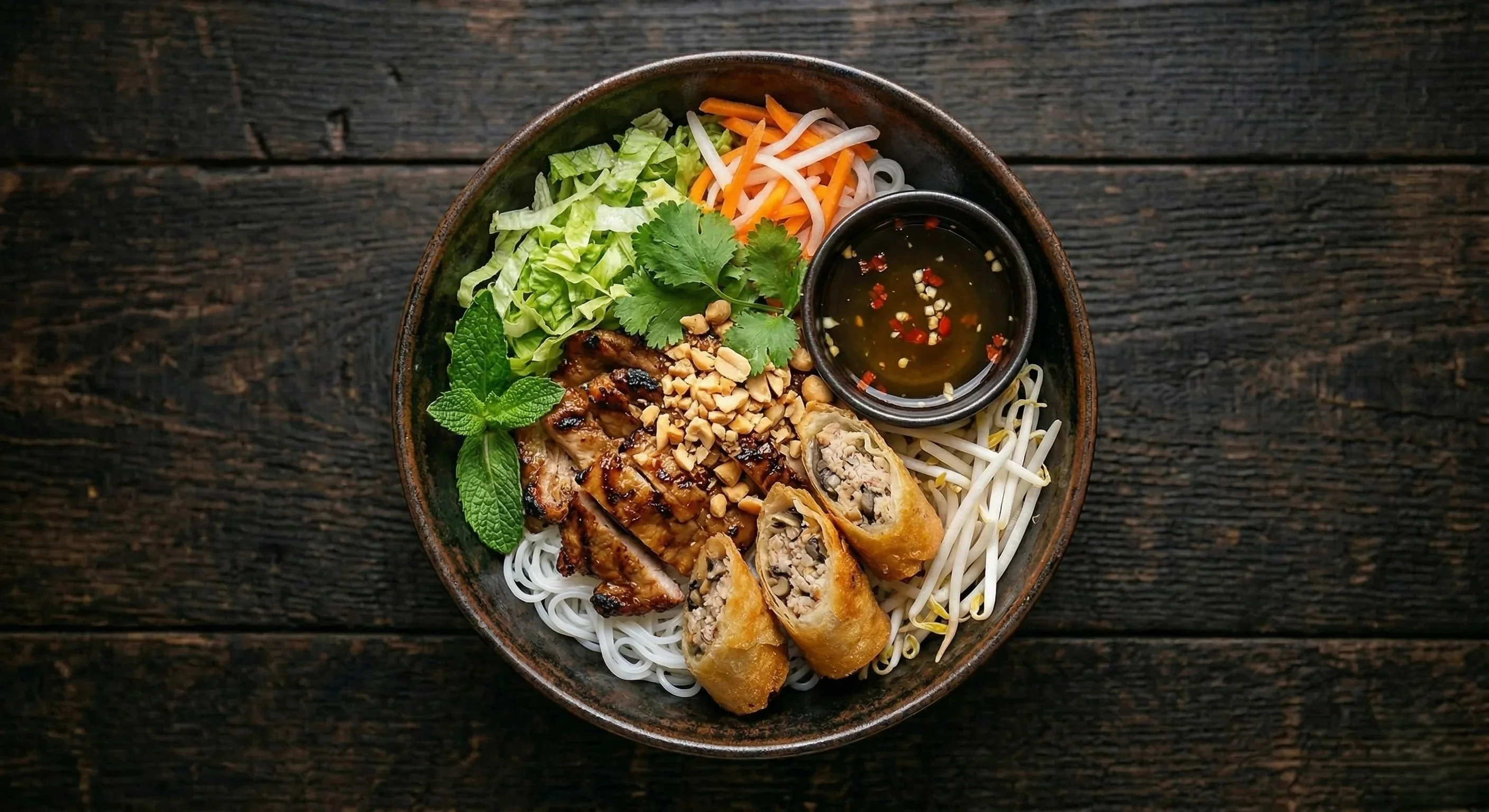 Vermicelli bowl with grilled meat and spring rolls at Hong An Calgary SE